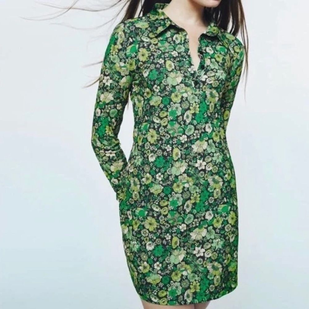 Zara green floral collared mini dress